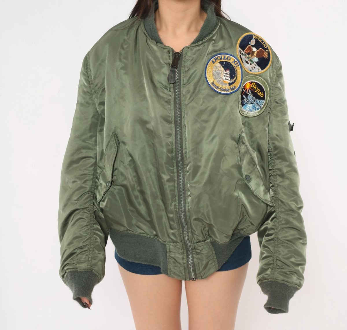 90s MA-1 Bomber Jacket Olive Green Reversible Orange Flight Coat Large L