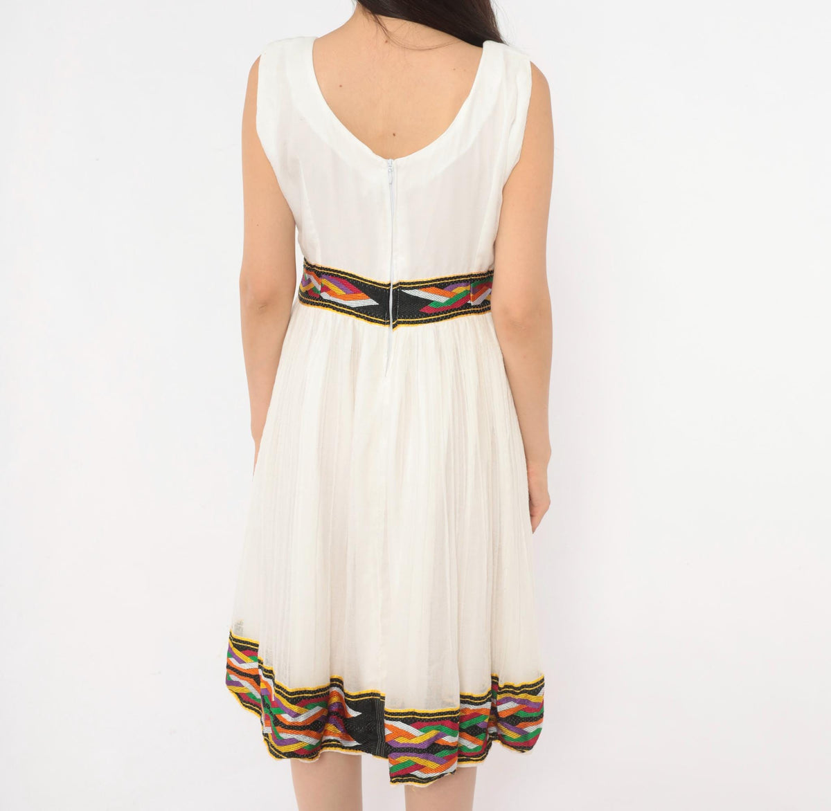 90s White Gauze Knee-Length Dress Ethiopian Habesha Embroidered Tibeb Multicolor Medium