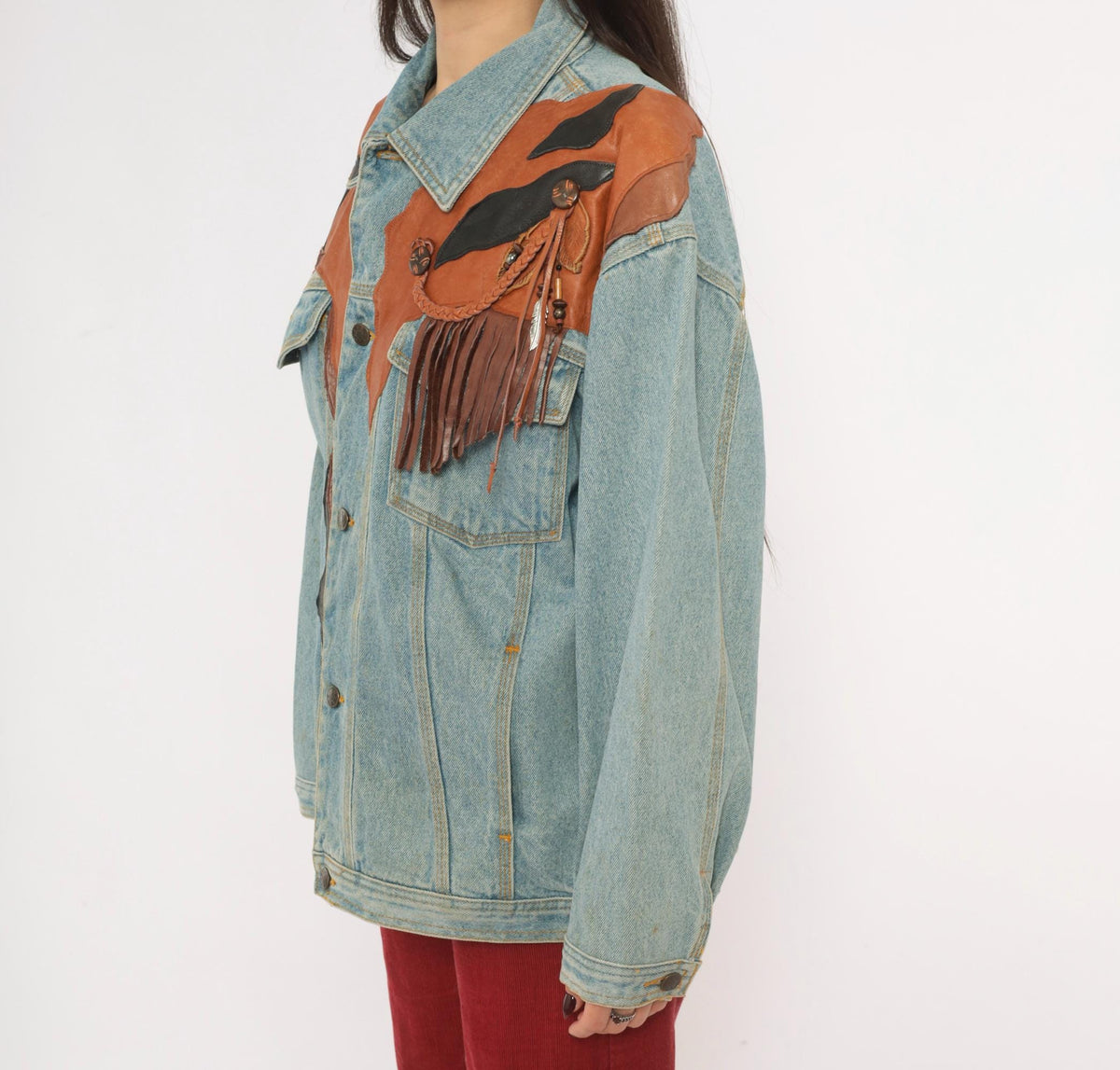 90s Petra C. Wall Denim Jacket Western Leather Cowboy Horse Patchwork Light Blue Medium M