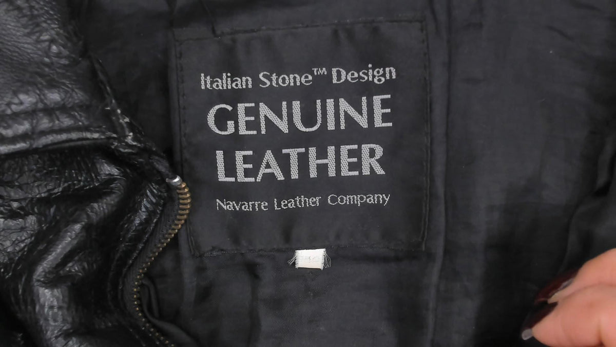 90s Italian Stone Design Black Leather Patchwork Bomber Jacket Small S