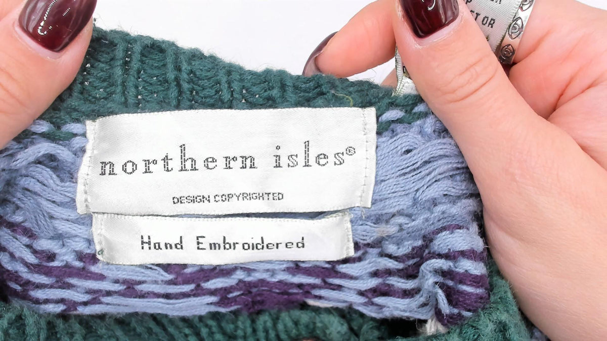 90s Northern Isles Fair Isle Cardigan Mallard Duck Forest Green Medium