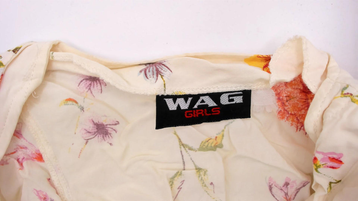 90s Wag Girls Floral Dress Cream Ditsy Print Tie Front Knee Length Extra Small XS