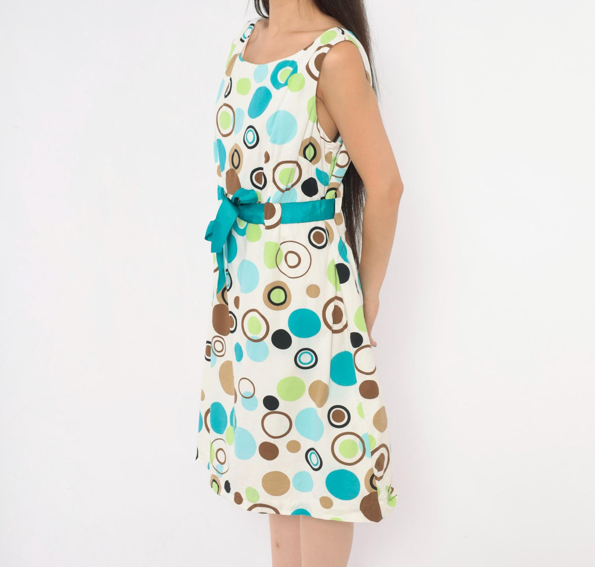 90s Jessica Howard White Polka Dot Sundress Teal Green Brown Knee-Length Large L