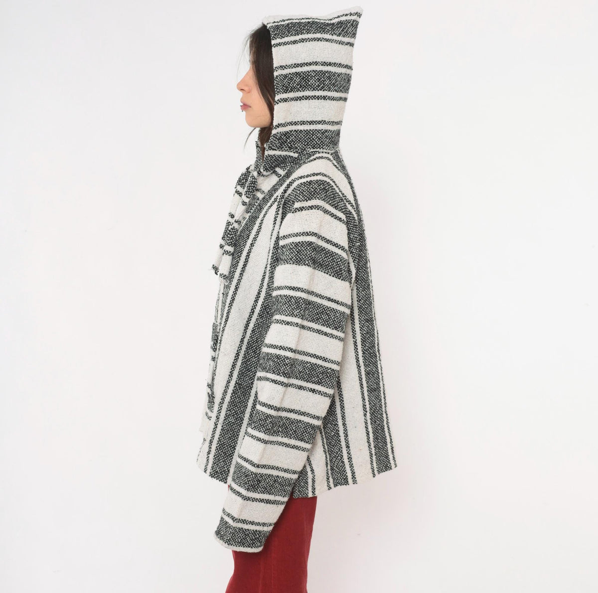 90s Baja Hoodie Black White Striped Woven Pullover Kangaroo Pocket Large L