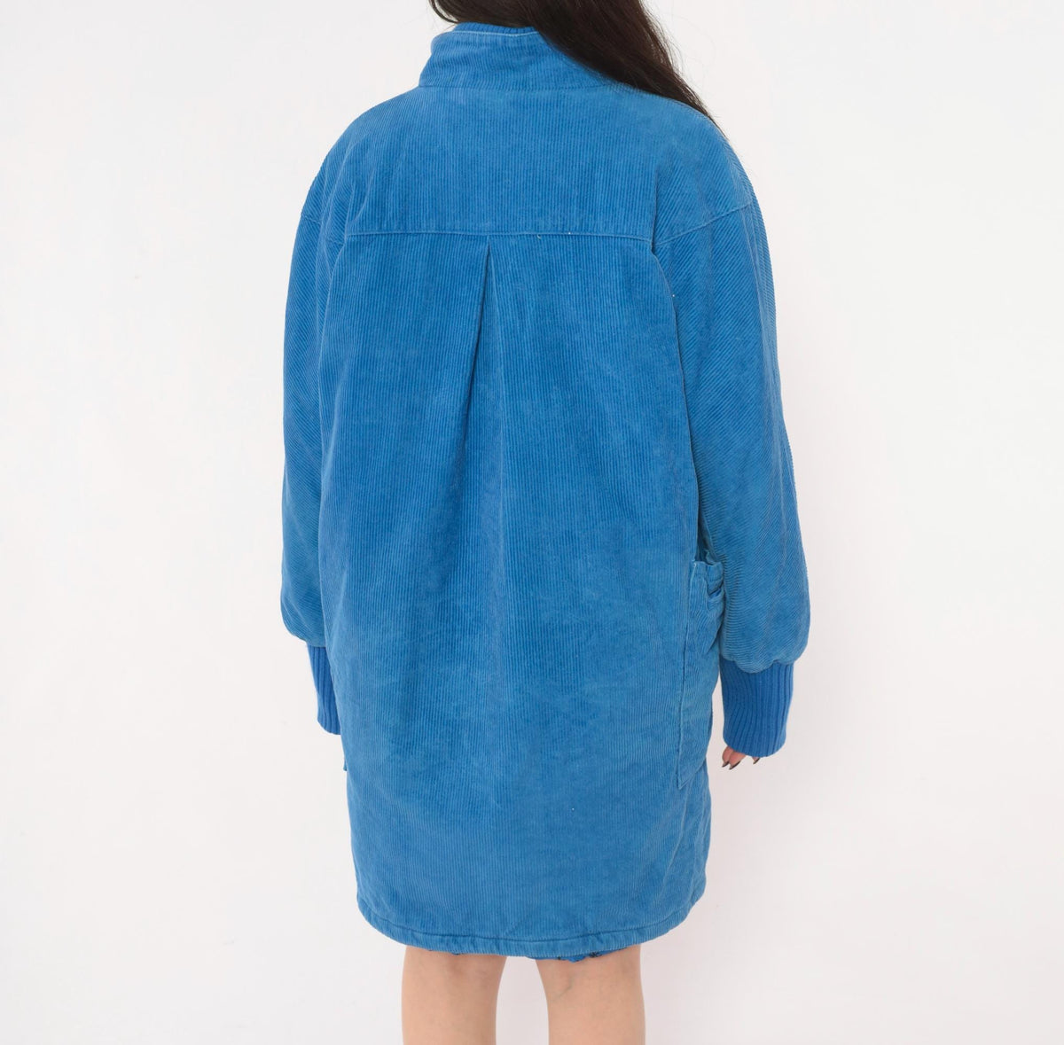 80s Windy Weather Corduroy Coat Blue Zip Front Stand Collar Large L