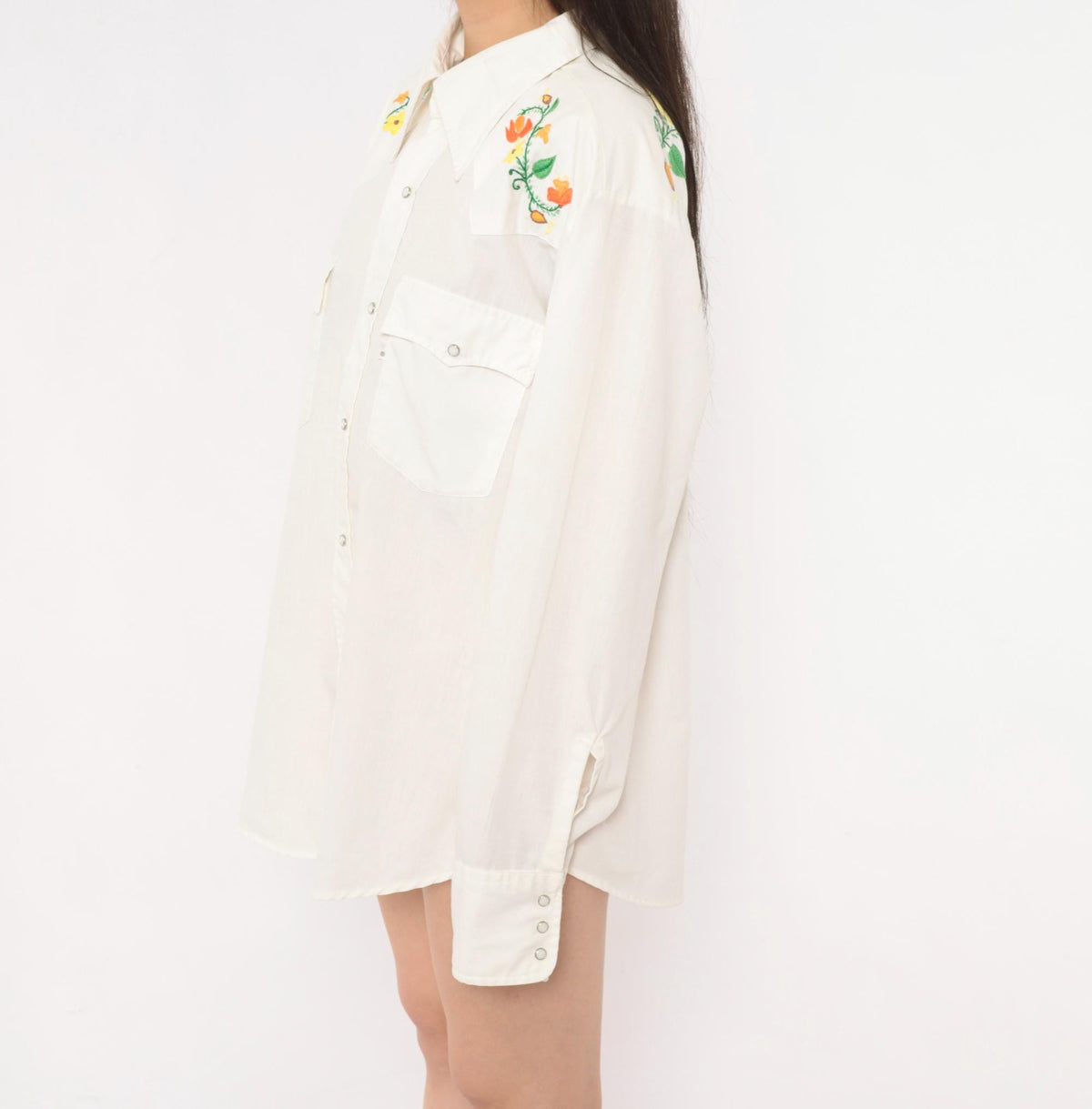 70s Levi's Western Shirt Floral Embroidered Yoke White Pearl Snap Large