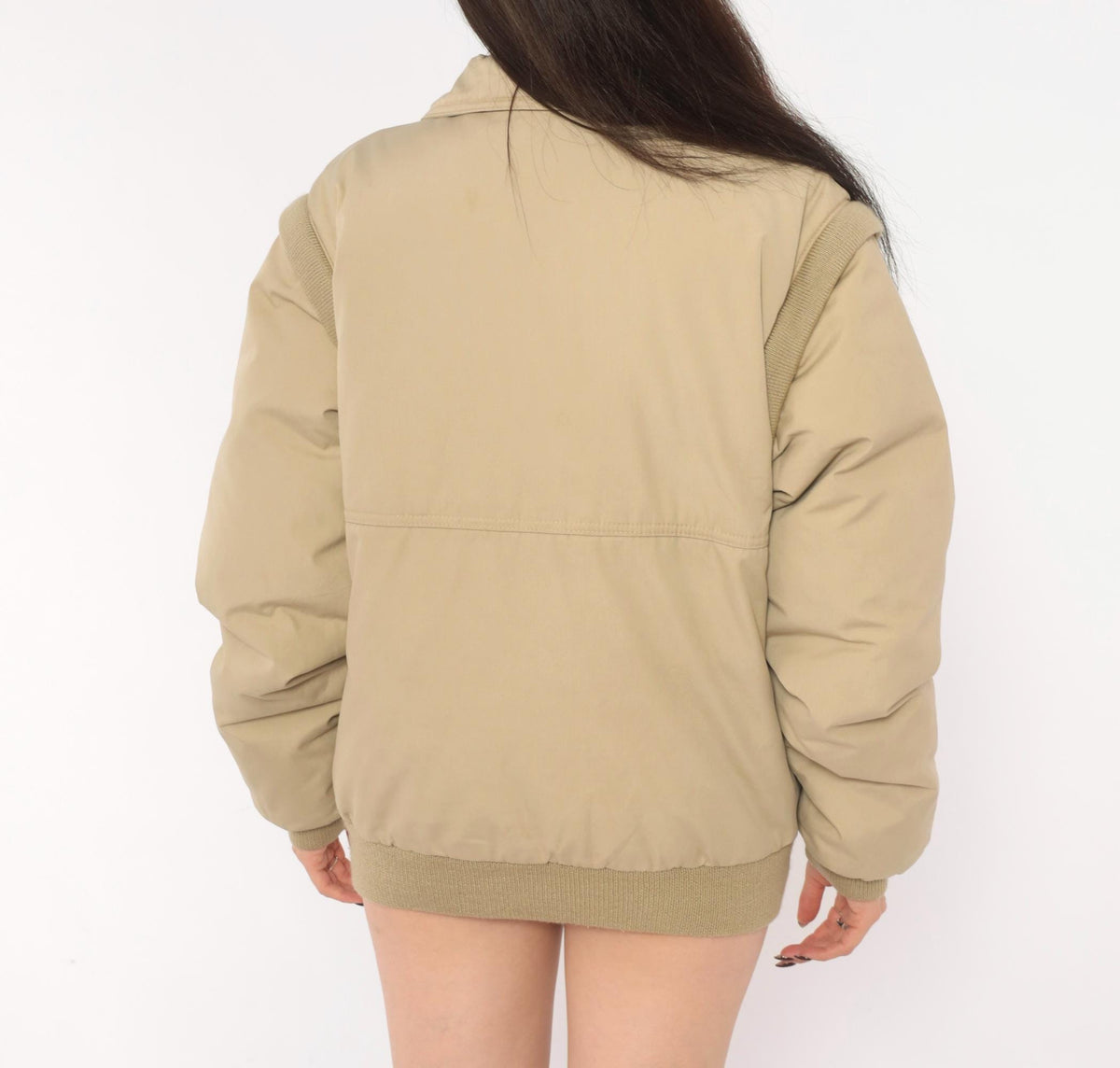 70s Natural High Down Bomber Jacket Convertible Zip-Off Sleeves Tan Medium