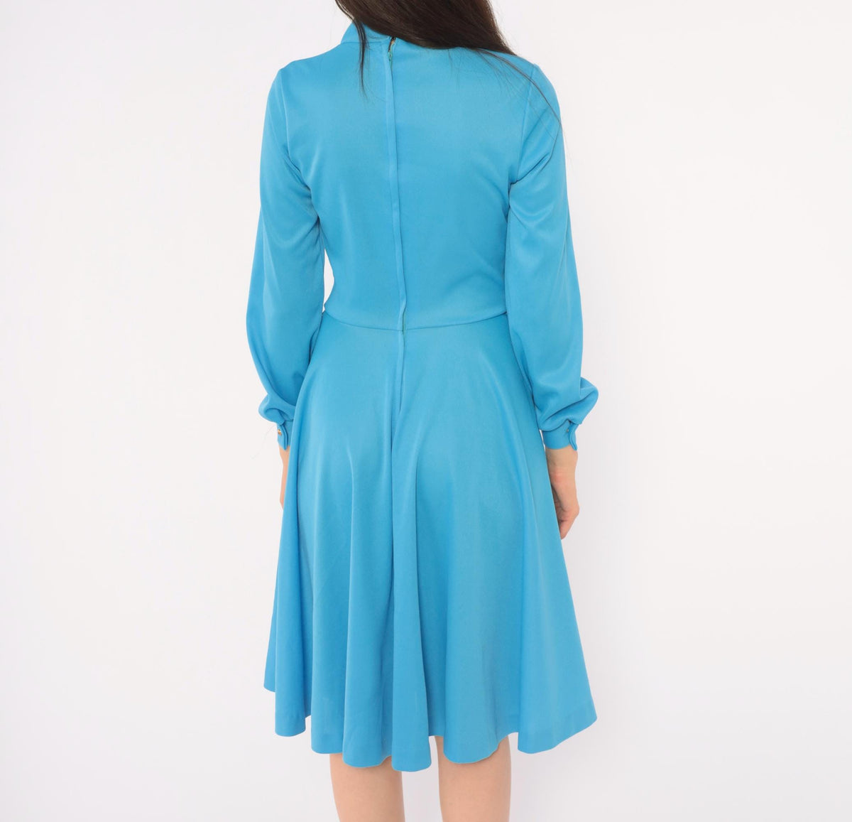 70s Sky Blue A-Line Dress Long Sleeve Keyhole Gold Buttons Small S