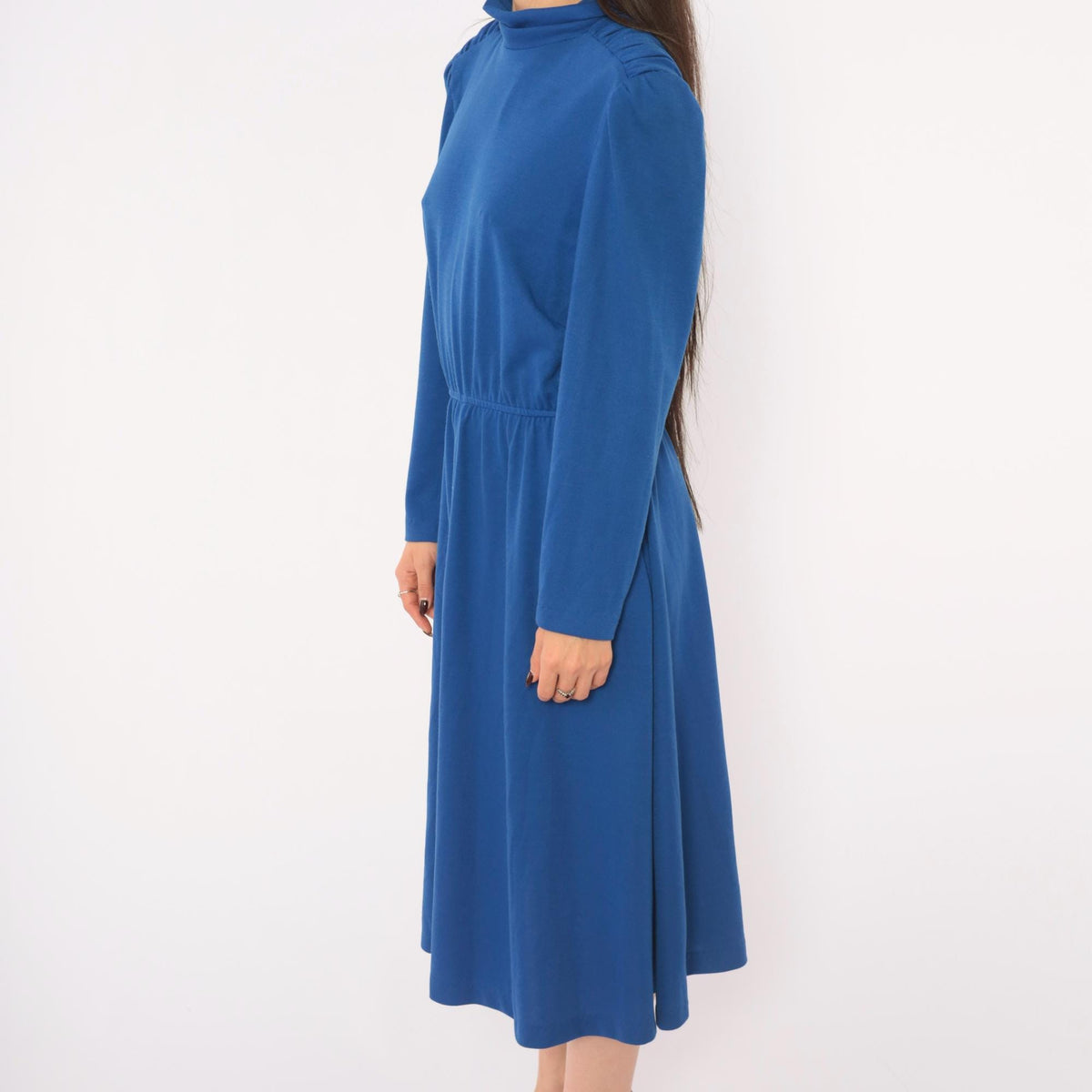 80s Cobalt Midi Dress Puff Shoulder Mock Neck A-Line Pockets Royal Blue Medium M