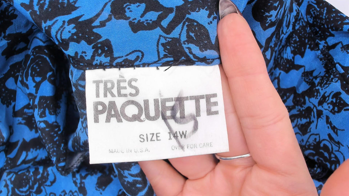 80s Très Paquette Blue Floral Midi Dress Double Breasted V Neck Extra Large