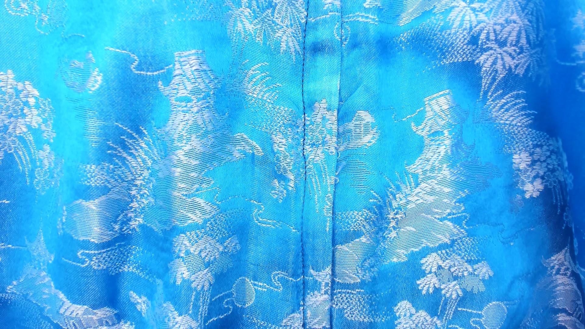 60s Asian Print Shift Dress Sky Blue Pagoda Scenic Mock Neck Sleeveless Small