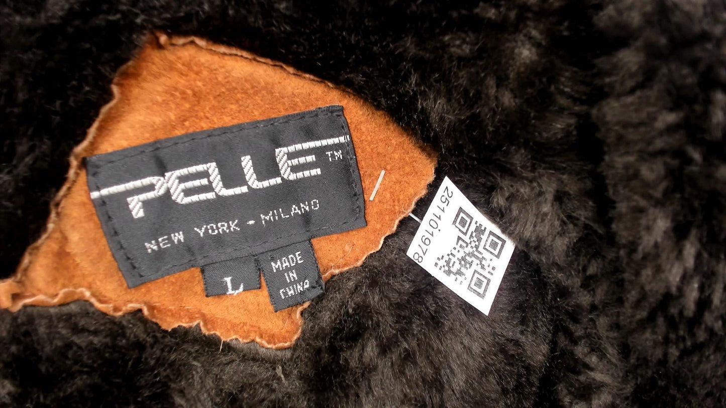 90s Tan Leather Hooded Jacket Faux Fur Lining Black Trim Large L