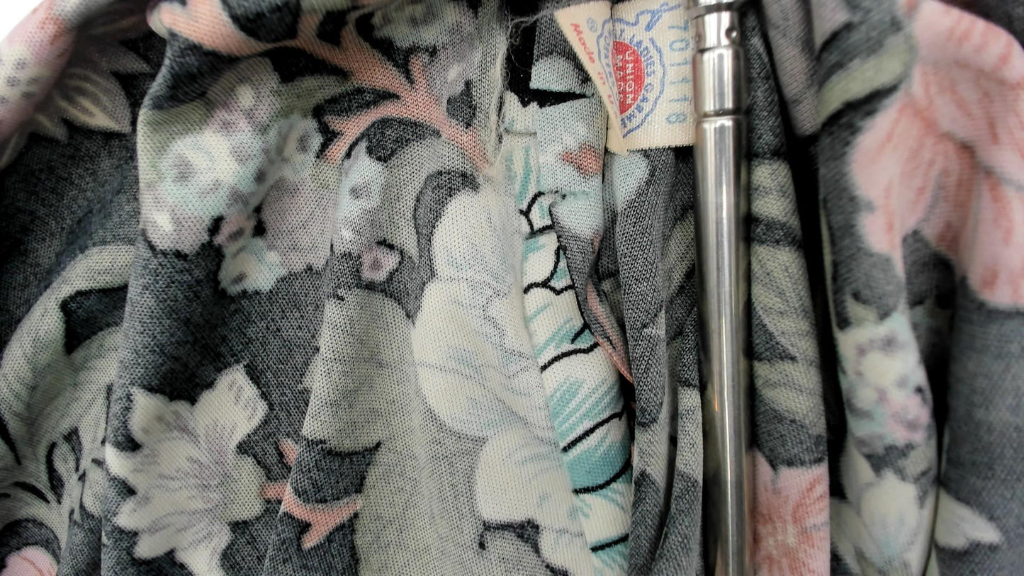 70s Black Floral Midi Dress Mint Pink Coral Tie Sleeve Small