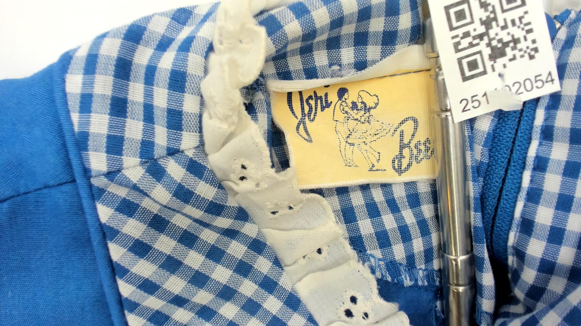 80s Jeri Bee Blue Gingham Pinafore Dress Eyelet Lace Puff Sleeve Small Medium