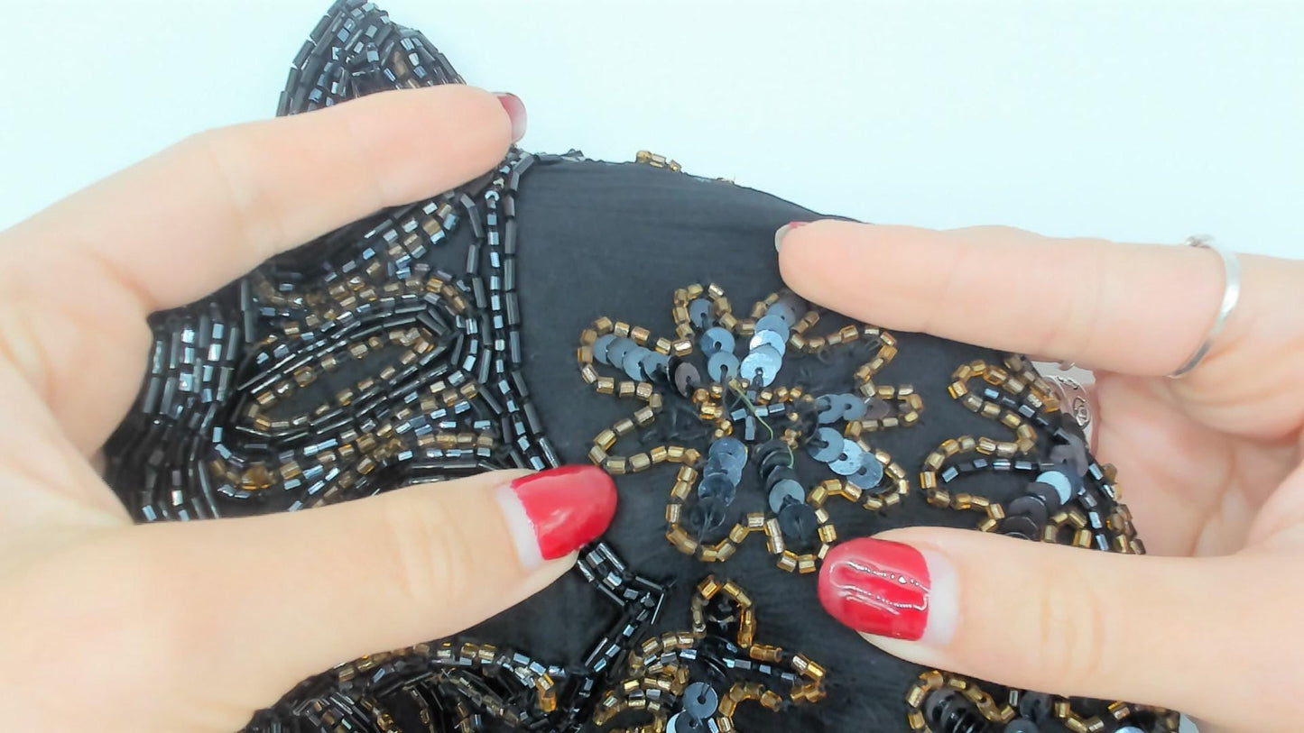 90s Stenay Black Silk Beaded Sequin Tank Top Floral Gold Bronze Small S