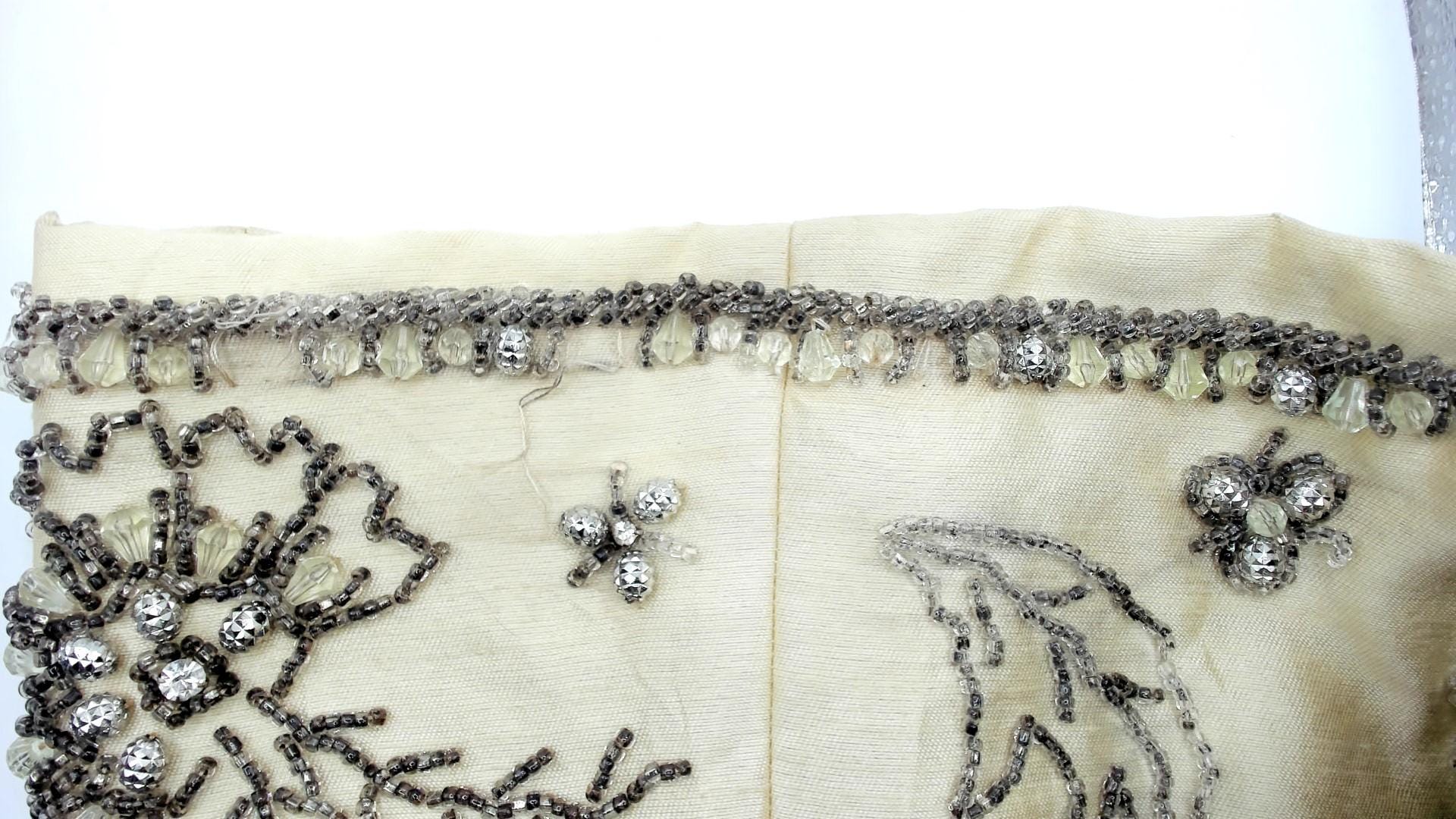 60s Miss Elliette Cream Shift Dress Silver Beaded Floral Mock Neck Mini Medium M