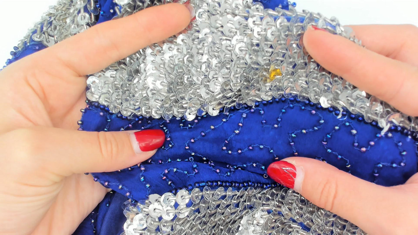 80s Stenay Cobalt Blue Silver Sequin Silk Cocktail Dress Keyhole Back Medium M