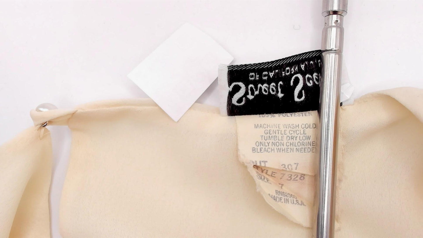 80s Street Scene Cream Chiffon Dress Bishop Sleeve V-Trim Knee-Length Small S