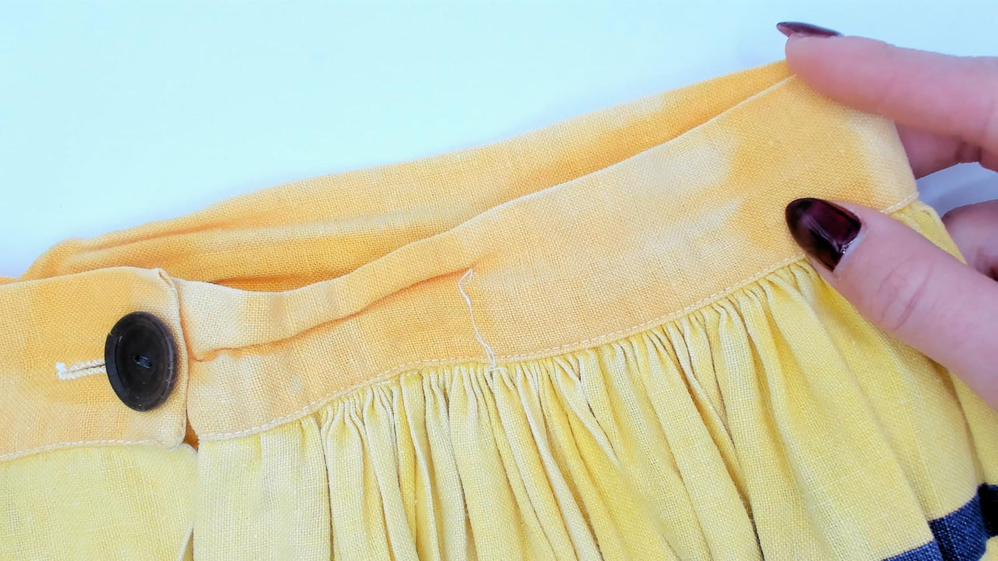 70s Striped Button Front Midi Skirt Yellow Orange Cotton Gathered Waist Small