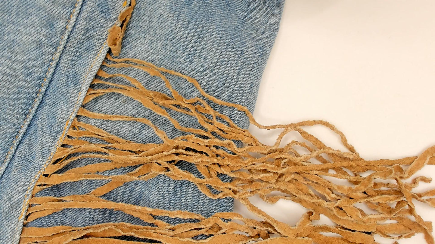 90s Morganwear Denim Jacket Suede Fringe Light Wash Lace-Up Back Medium M