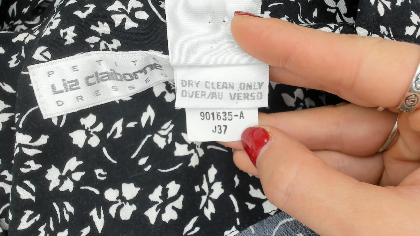 90s Liz Claiborne Black White Floral Midi Dress Double Breasted Large L