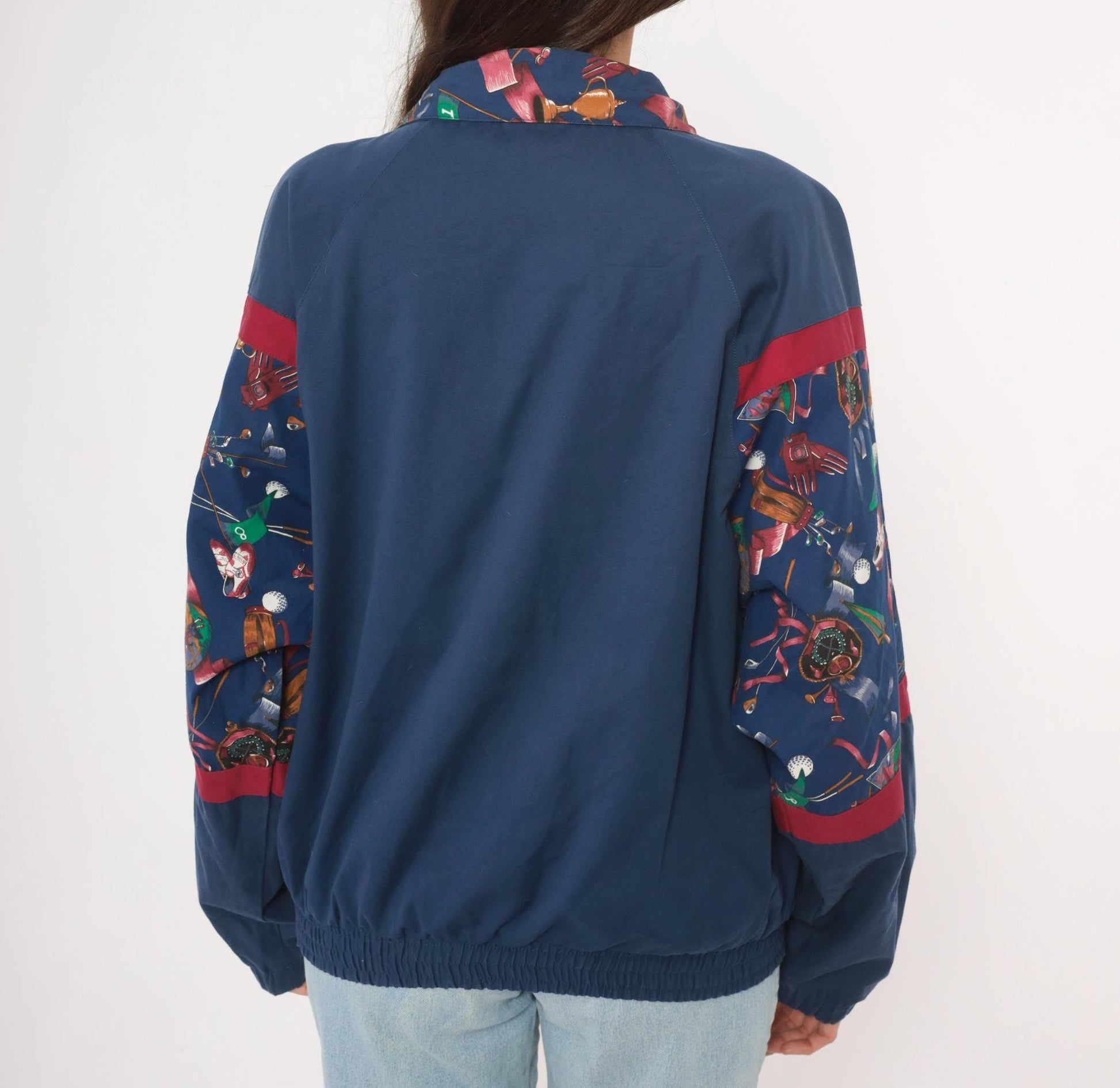 90s Line-Up Golf Print Windbreaker Navy Nylon Jacket Red Color Block Medium