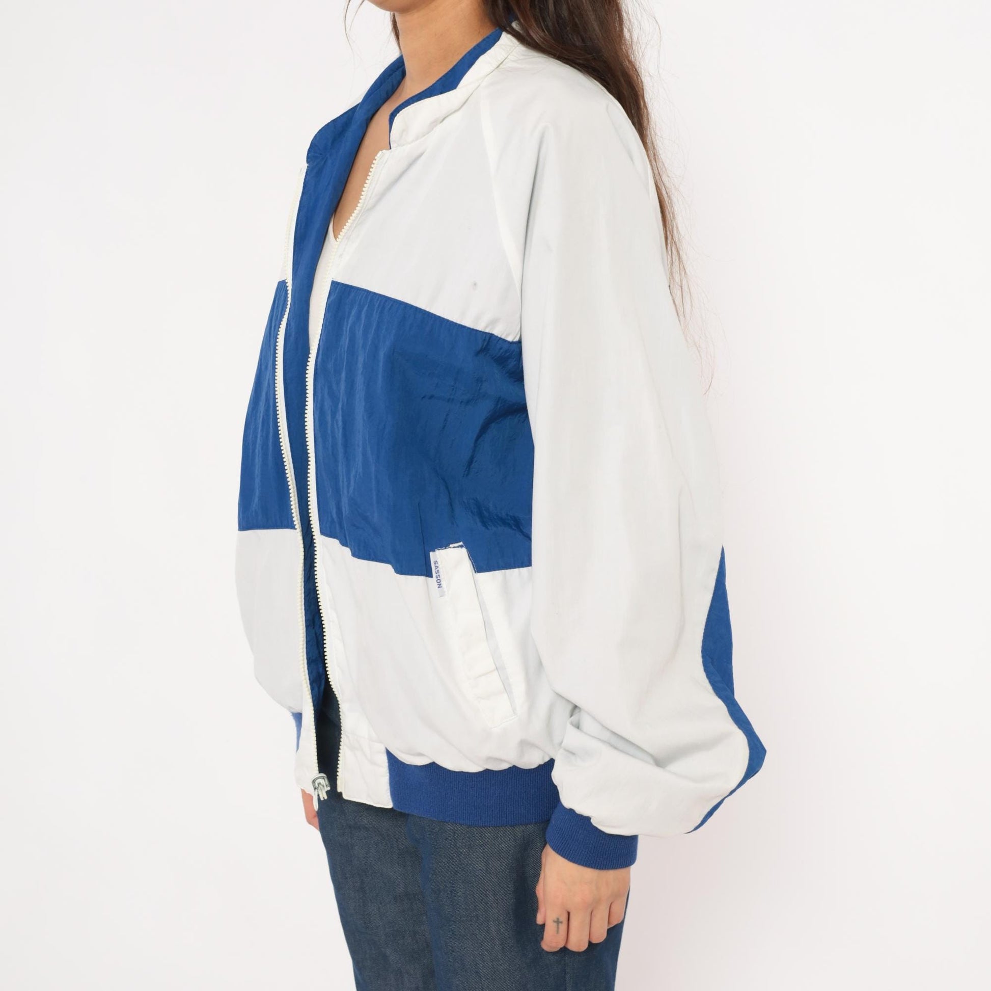 80s Sasson Reversible Windbreaker Blue White Colorblock Raglan Jacket Large