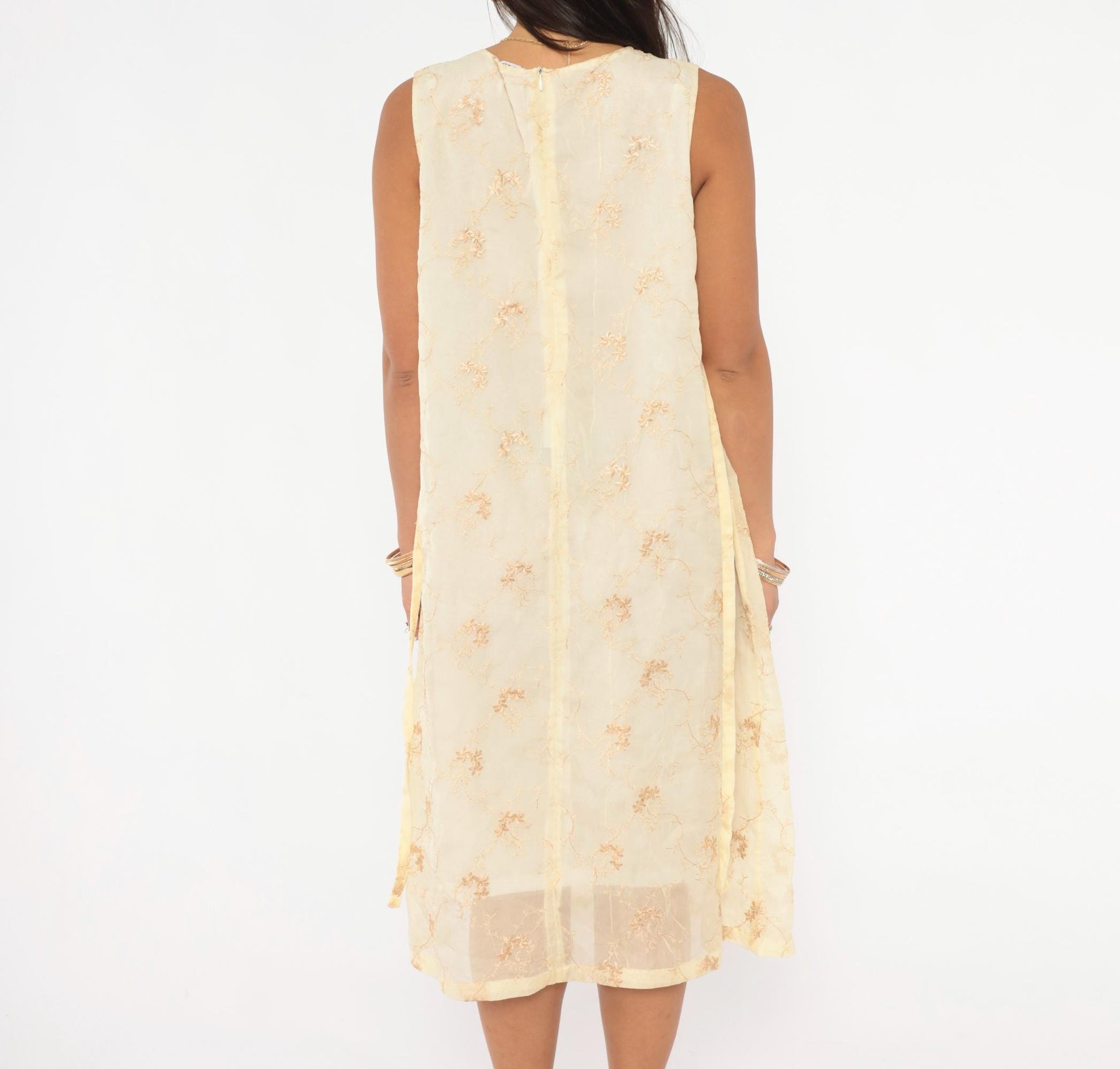 Y2K Nice Mommy Cream Organza Floral Embroidered Dress Gold Vine Knee Length Large L
