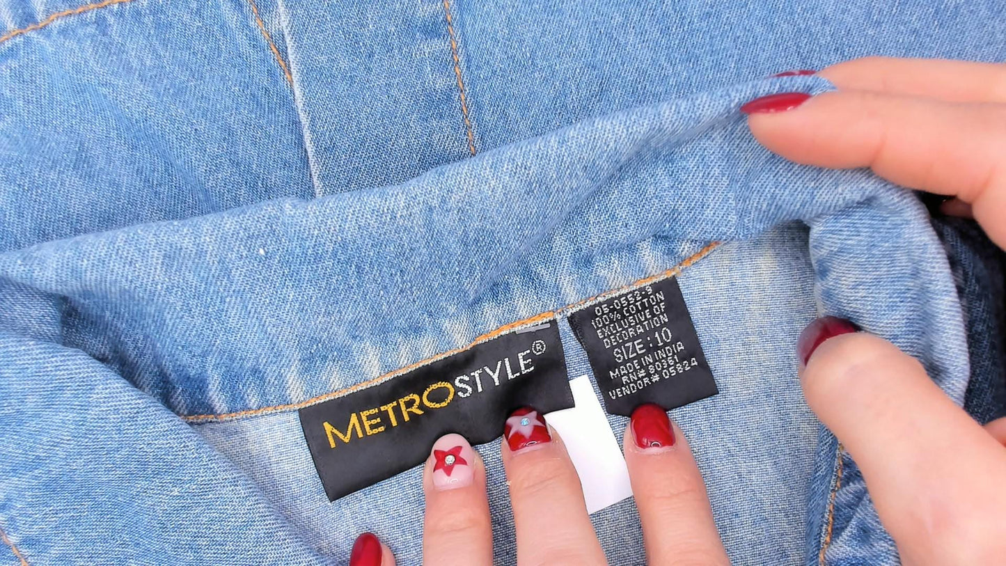 2000s Metrostyle Denim Mini Dress Sleeveless Collared Blue Chambray Sequin Medium
