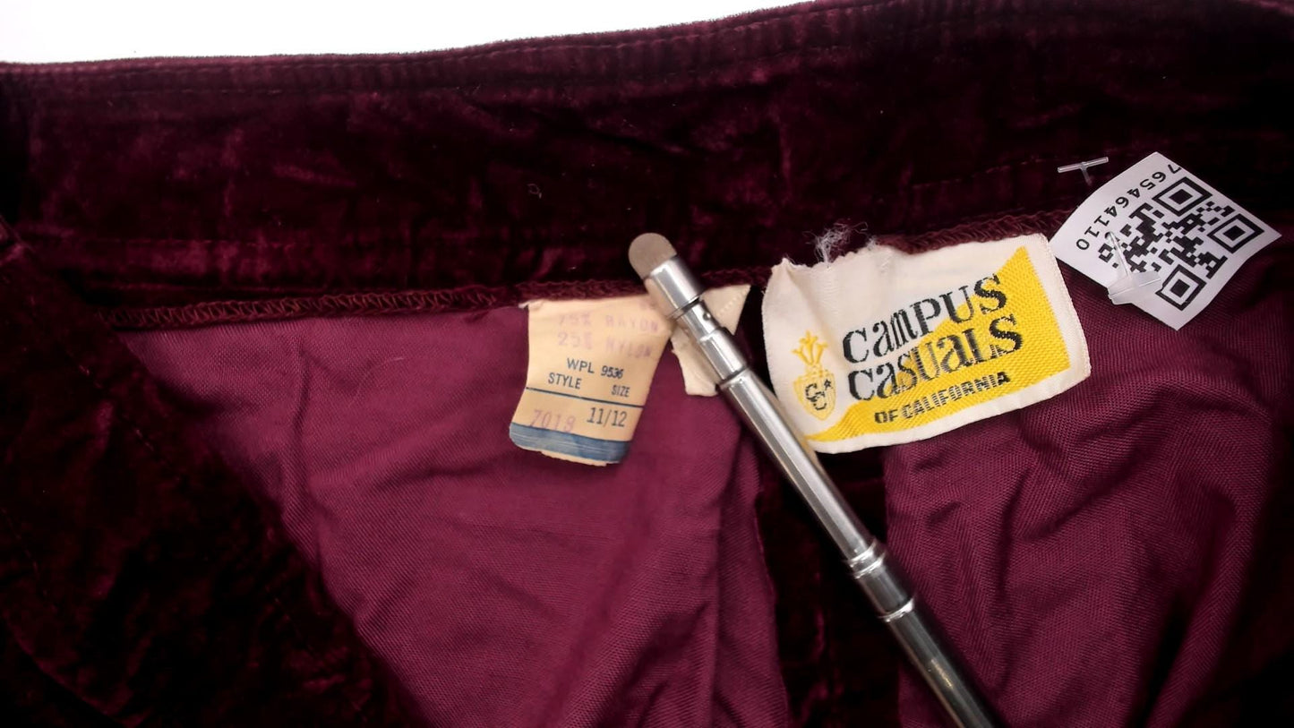 70s Burgundy Crushed Velvet Flare Pants Embroidered Low Rise Medium M