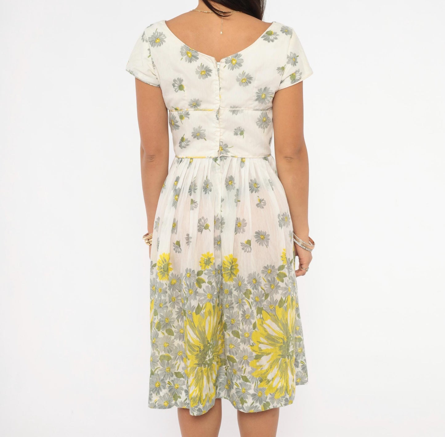 60s Daisy Print Fit And Flare Dress White Yellow Cotton Cap Sleeve Extra Small XS