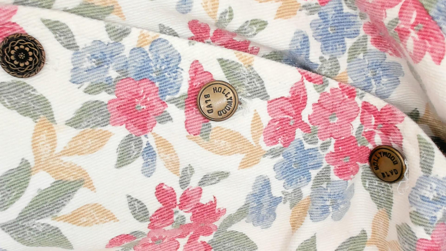 90s Hollywood Blvd Floral Mini Dress Sweetheart Puff Sleeve Cotton Small