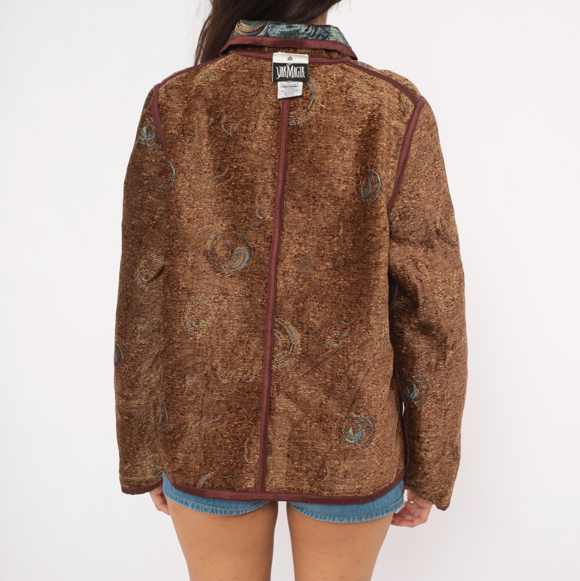 2000s Yak Magik Tapestry Blazer Woven Spiral Jacquard Blue Green Brown Extra Large XXL