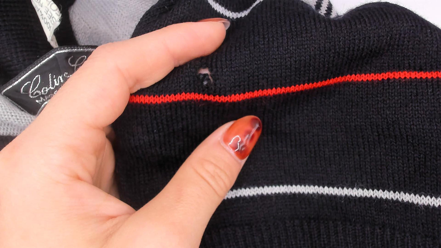 80s Colin Lt Marx Striped Polo Sweater Black Grey Red Raglan Knit Large