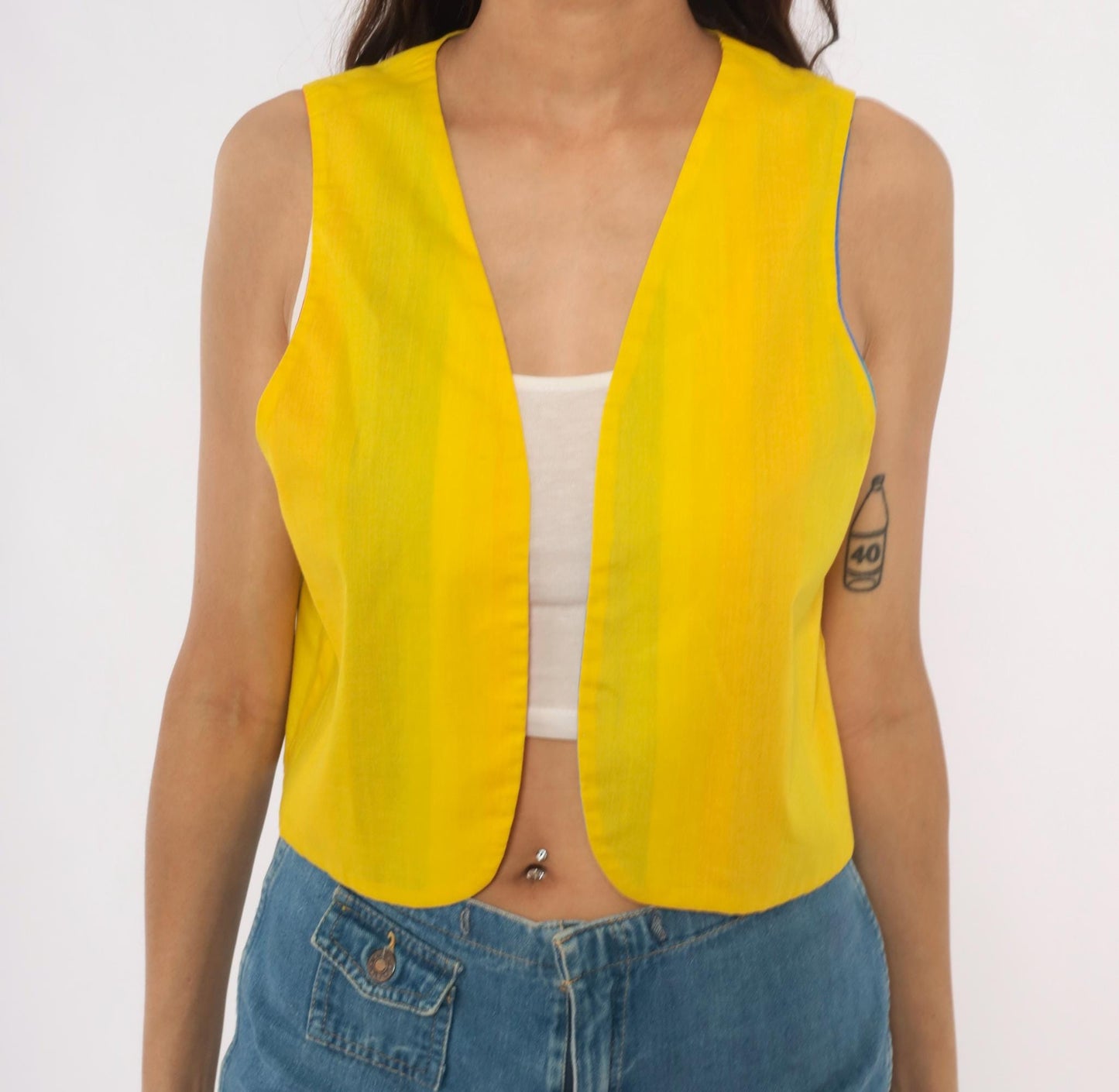 80s Rainbow Stripe Cotton Vest Reversible Yellow Lined Cropped Waistcoat Small
