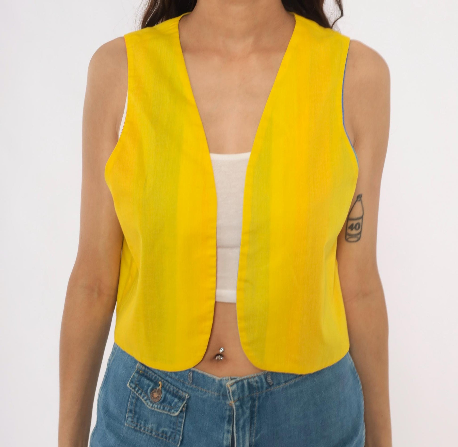 80s Rainbow Stripe Cotton Vest Reversible Yellow Lined Cropped Waistcoat Small