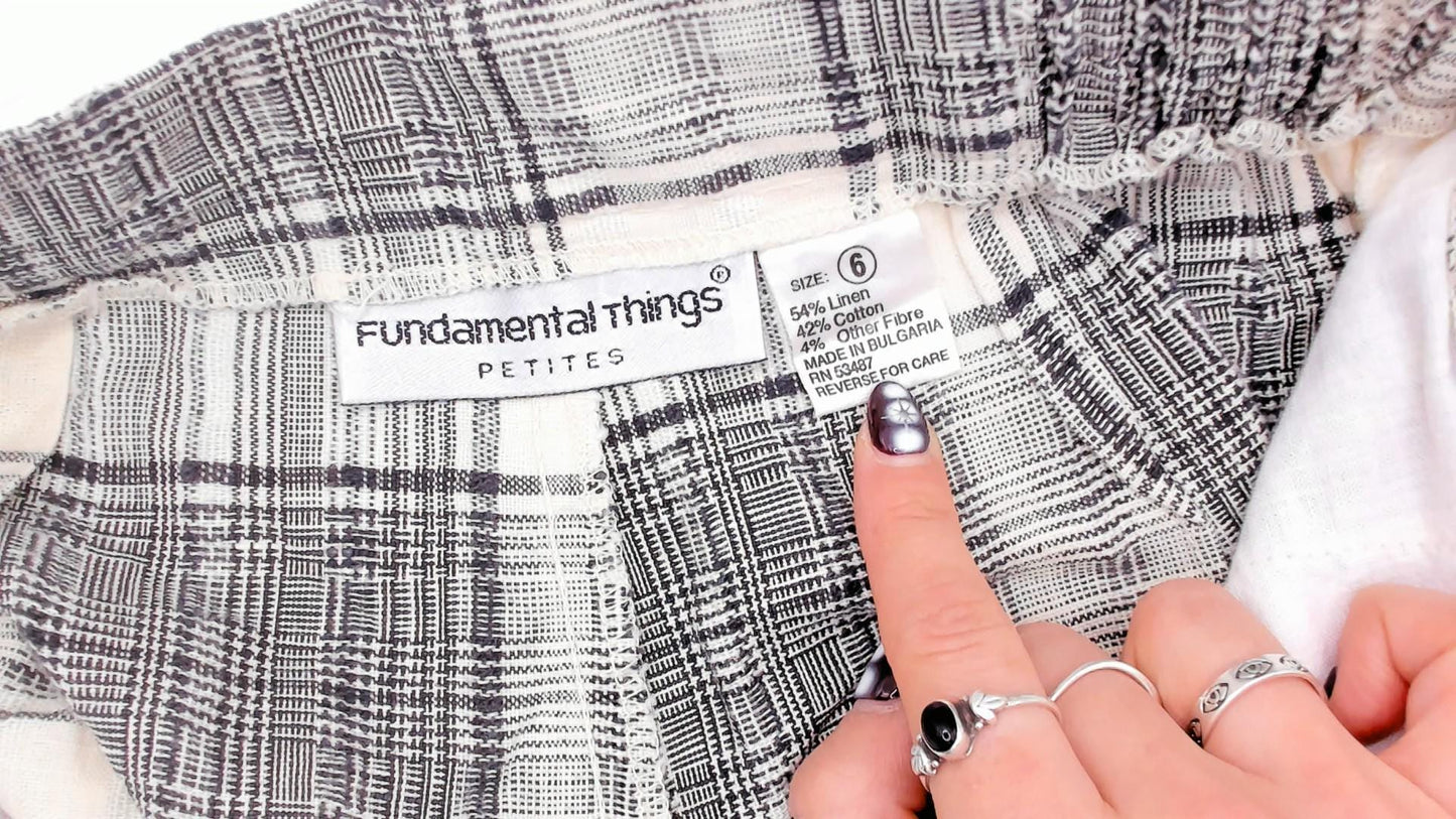 80s Fundamental Things Plaid Linen Bermuda Shorts Black Cream High Waist Pleated Extra Small