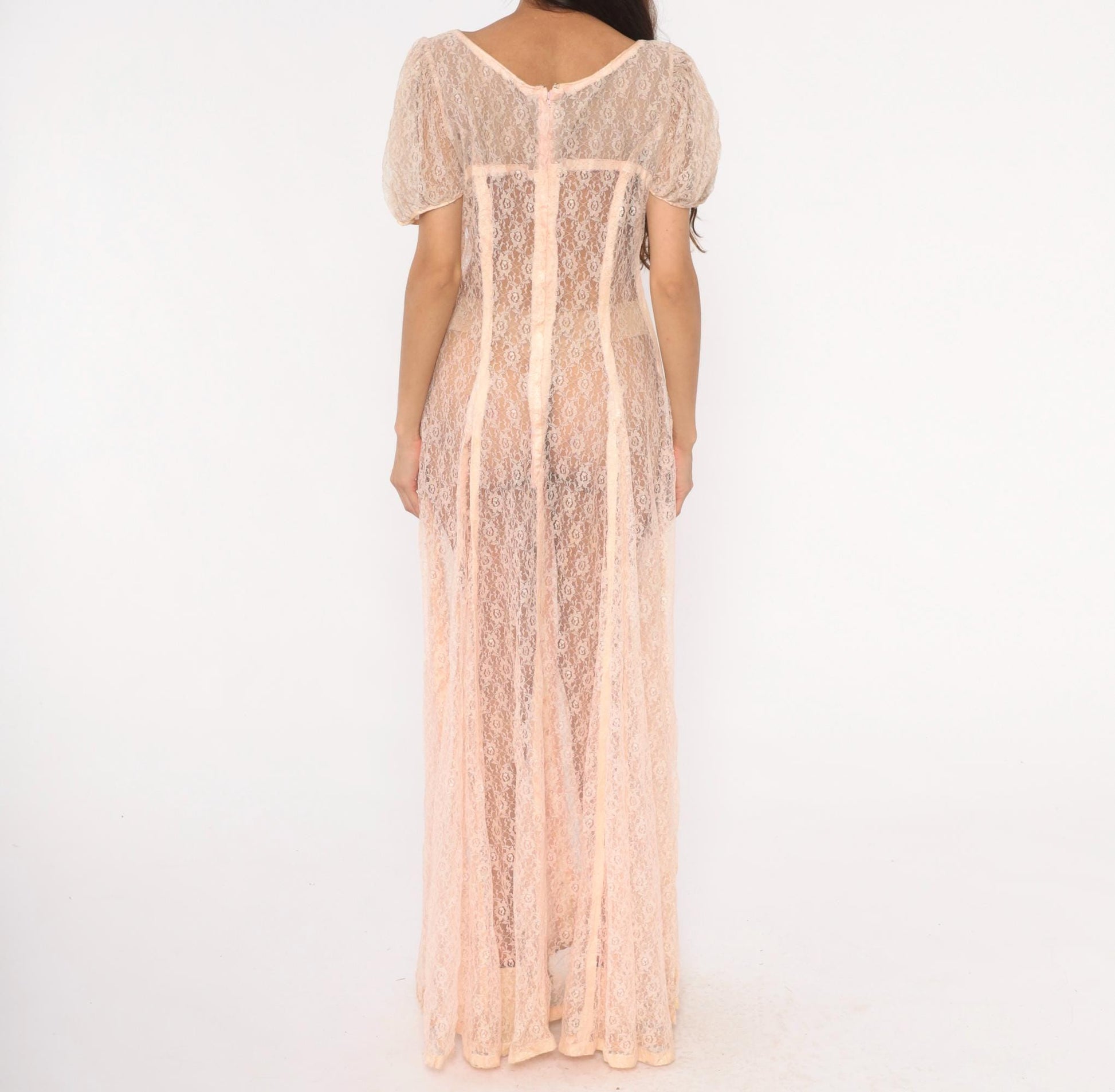 1950s Blush Pink Sheer Lace Maxi Gown Puff Sleeve Corset Bodice Large L