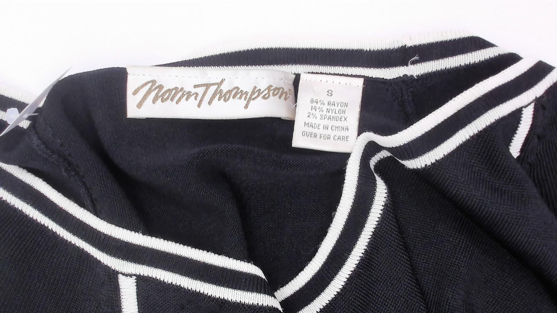 90s Norm Thompson Black Knit Maxi Dress Scoop Neck White Piping Small