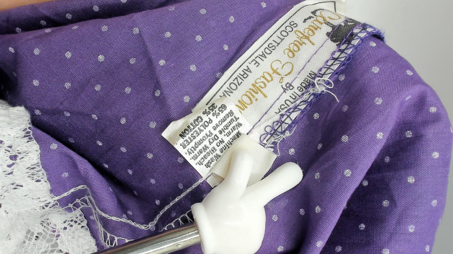 80s Purple Polka Dot Tiered Skirt Carefree Fashions Lace Trim Cotton Medium