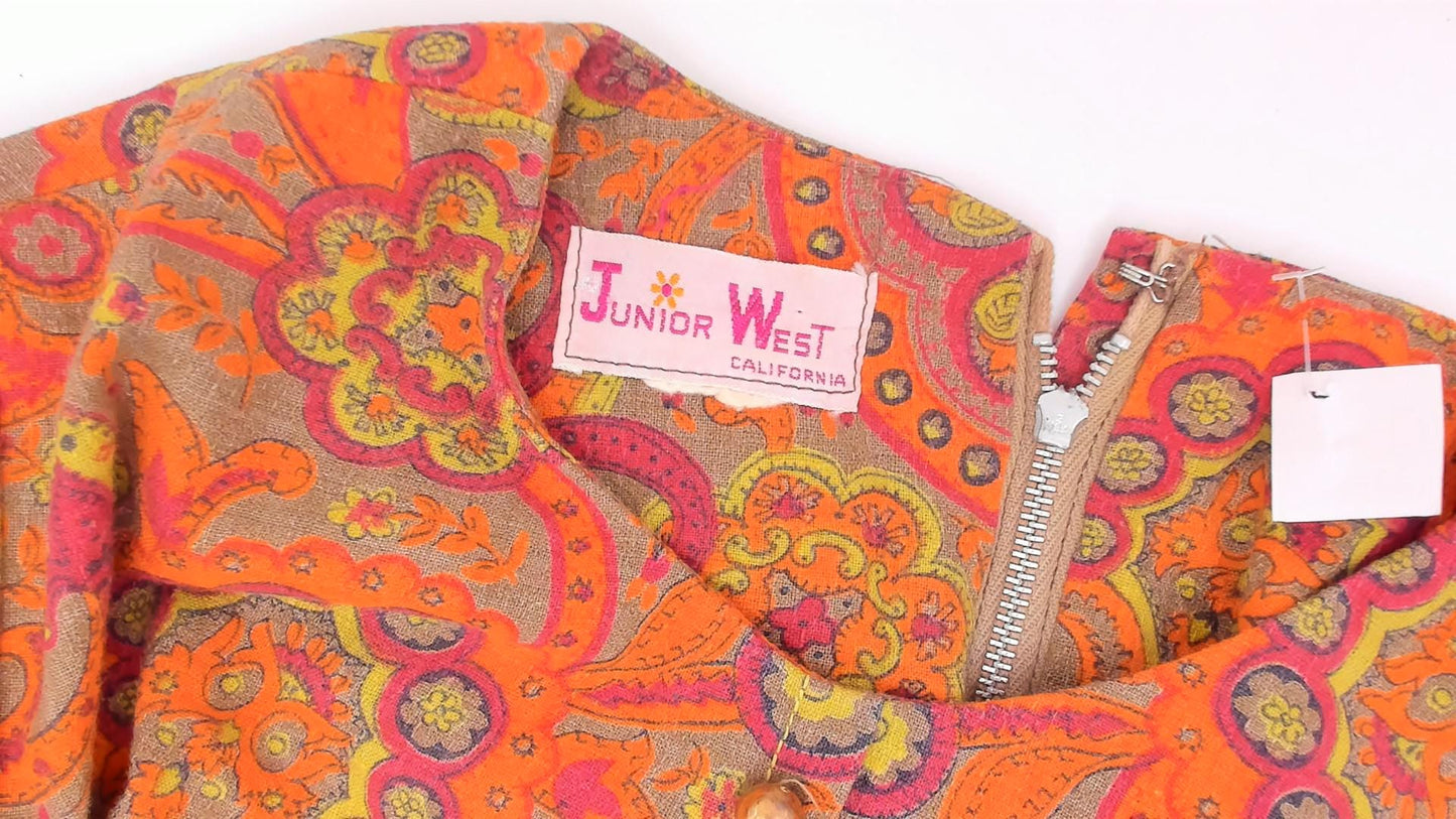 60s Junior West California Paisley Shift Dress Orange Cotton Small