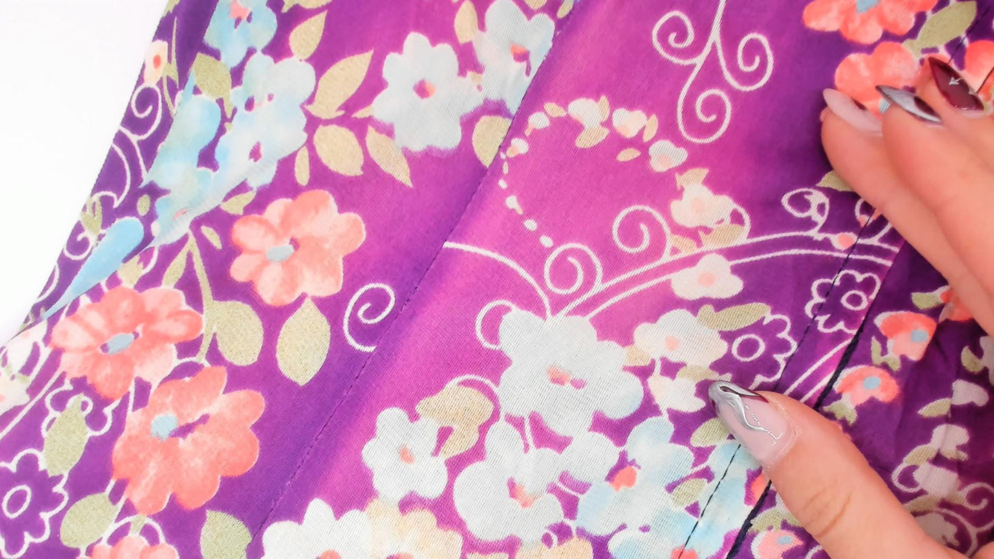 70s Purple Floral Cheongsam Mini Dress Mandarin Collar Frog Closure XS
