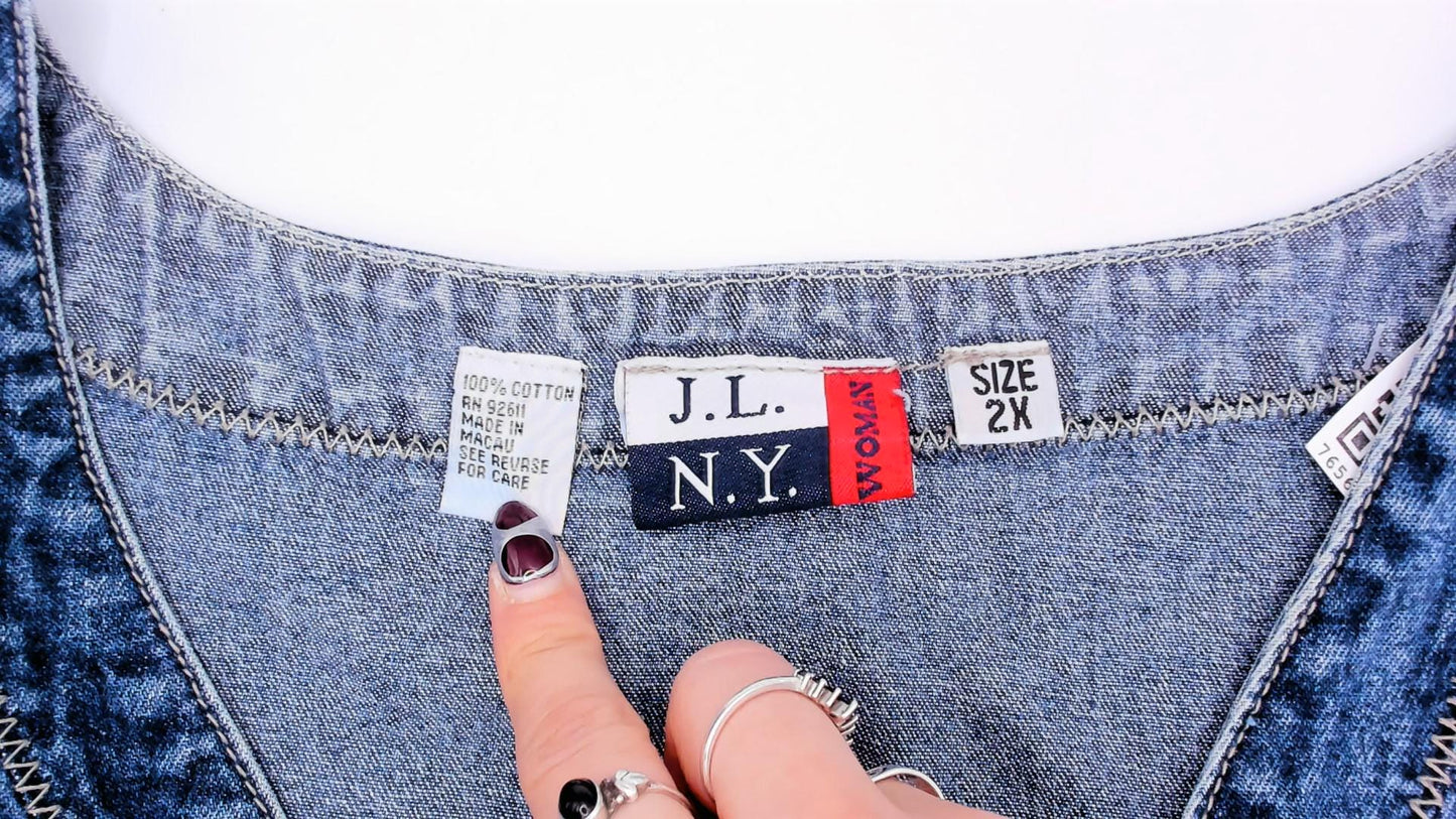 90s J.L. NY Southwestern Denim Dress Embroidered Lace-Up Navy Plus Size XXL