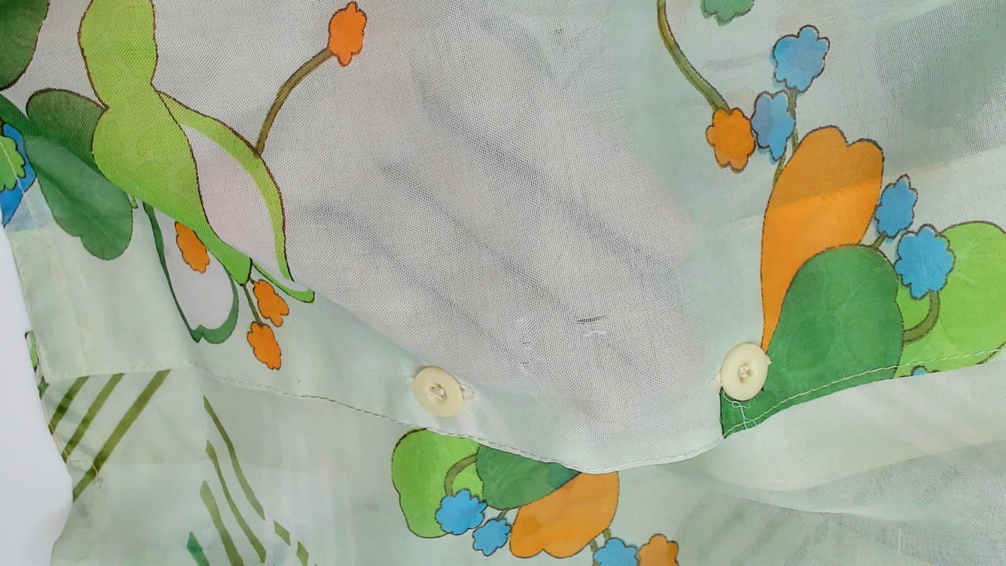 70s Nobel Floral Button-Up Blouse Mint Green Blue Orange Pointed Collar Small