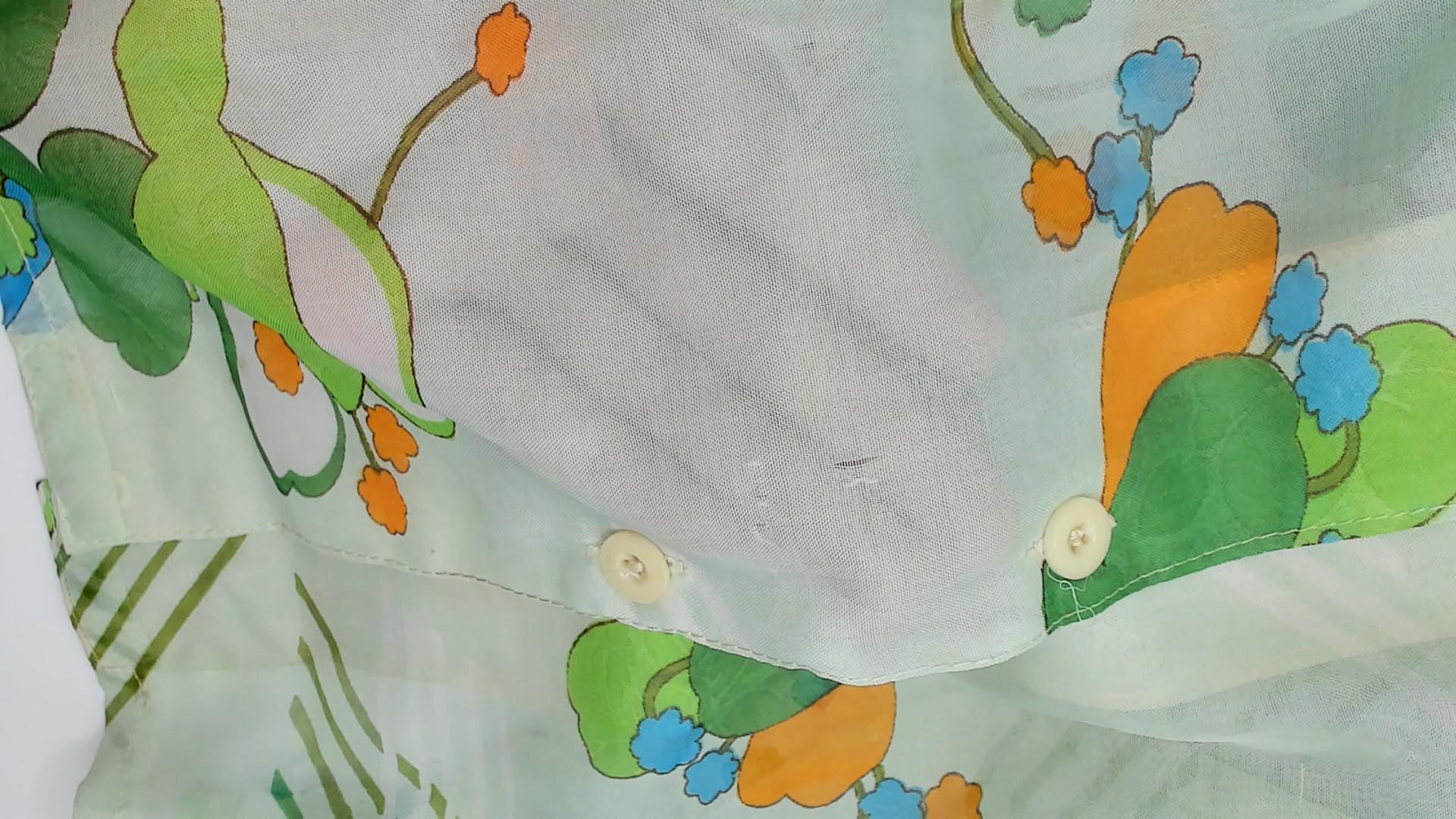 70s Nobel Floral Button-Up Blouse Mint Green Blue Orange Pointed Collar Small