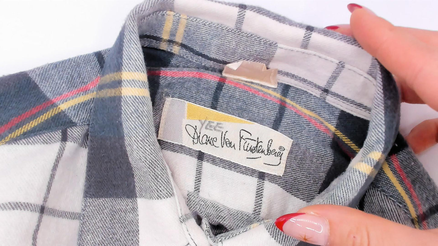 90s Diane Von Furstenberg Plaid Flannel Shirt Grey Green Cream Tartan Blouse