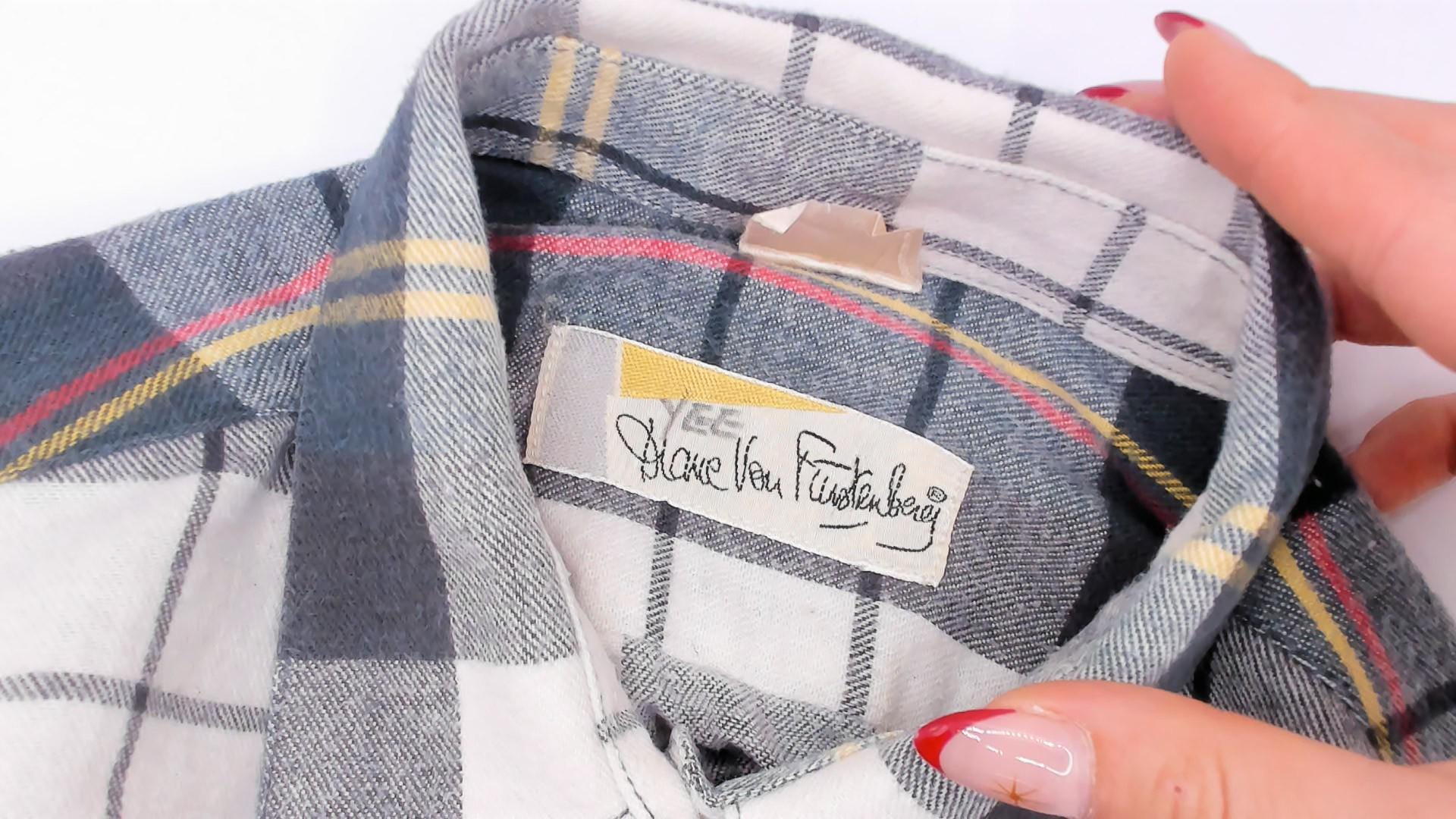 90s Diane Von Furstenberg Plaid Flannel Shirt Grey Green Cream Tartan Blouse