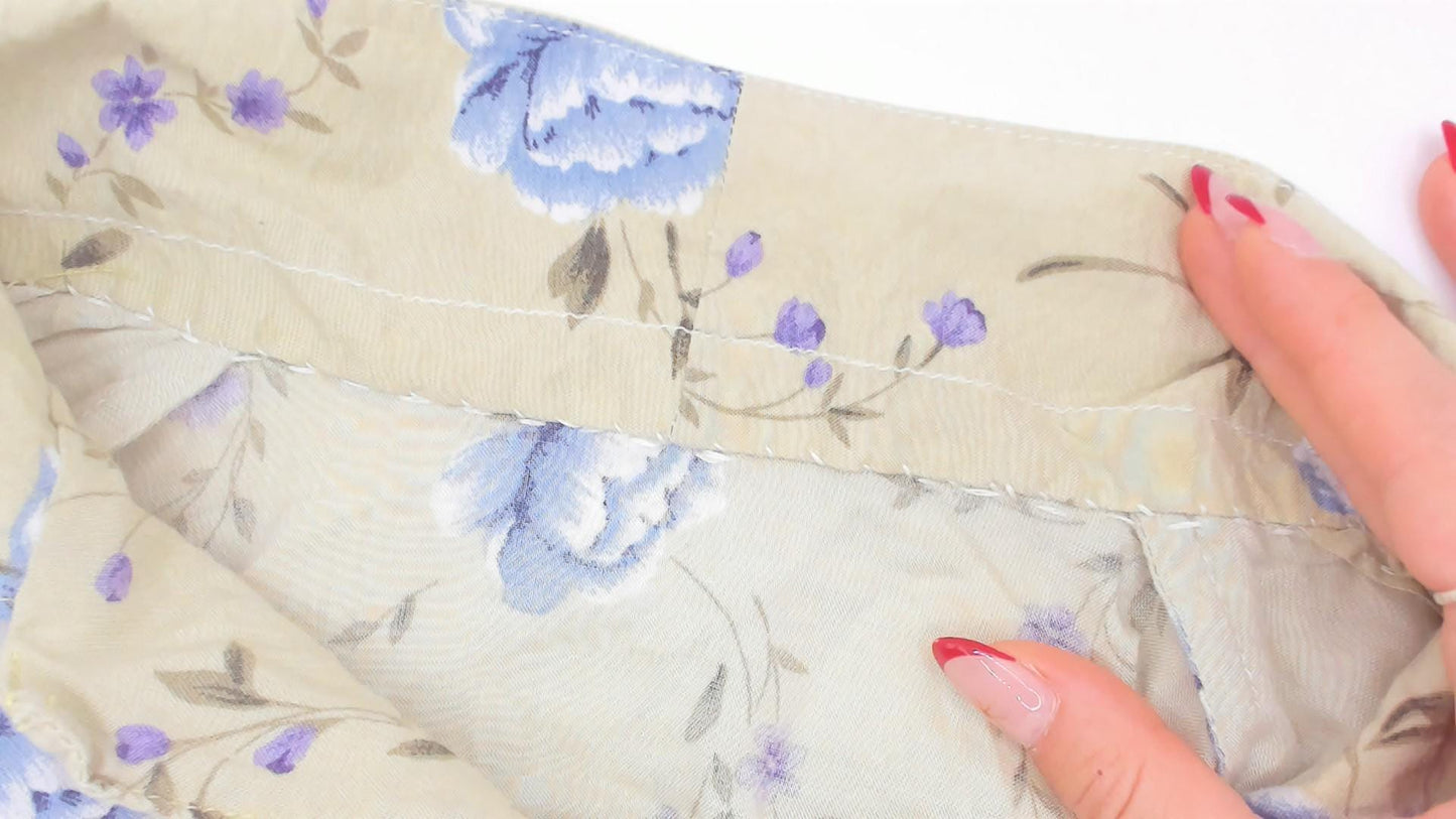 90s Sage Green Floral Shirt Dress Blue Rose Print Midi Medium M