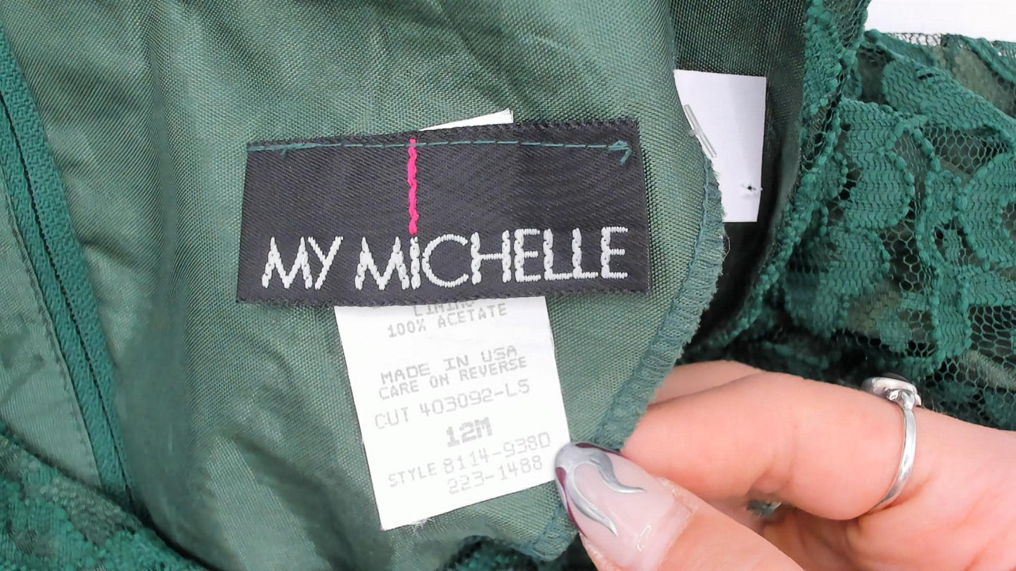 90s My Michelle Emerald Lace Dress Scalloped Short Sleeve Floral Overlay Large L
