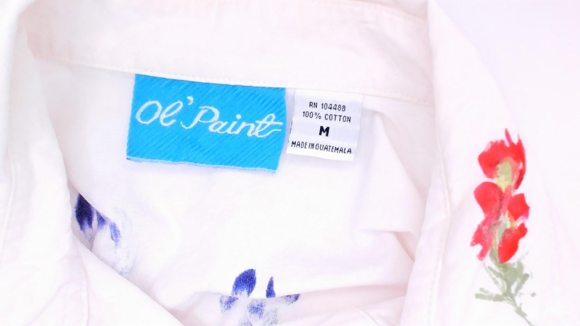 90s Ol' Paint Hand-Painted Wildflower Hummingbird White Cotton Button-Up Medium